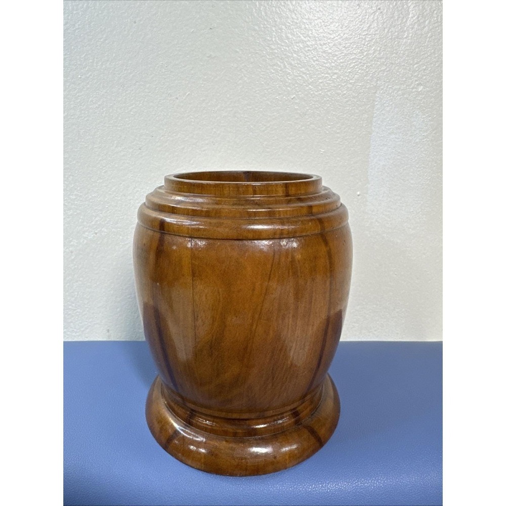 Vtg WOOD Turned VASE URN Container W Lid Office Pen‎ Holder Makeup Art Brushes